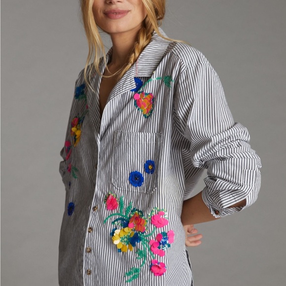 Anthropologie Maeve Striped Floral Sequin Shirt - Size 4 - Picture 4 of 13